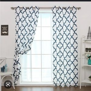 2 curtain panels on aqua blue and white. Pet free and Non smoking home.